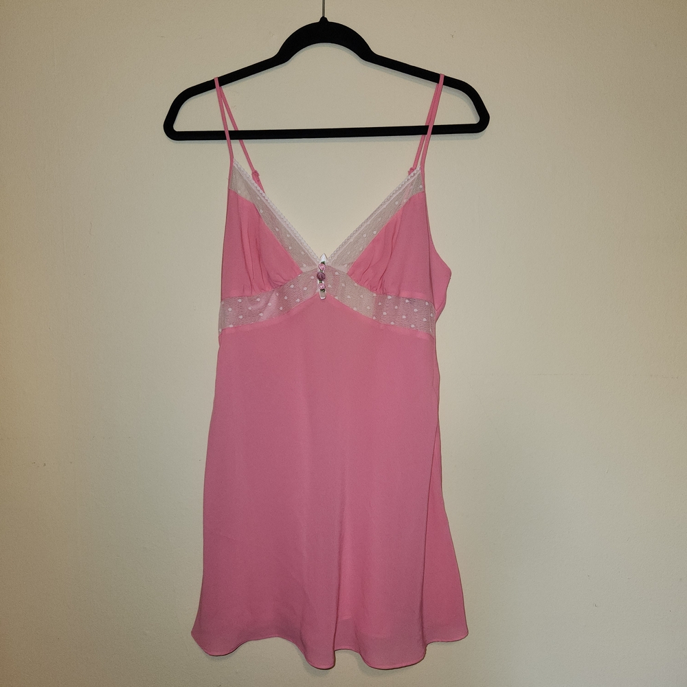 Betsey Johnson Pink and White Chemise with Lace Trim